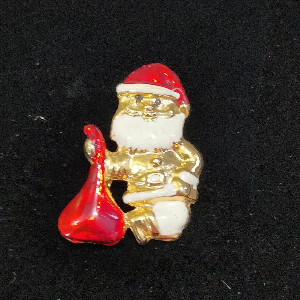Santa Claus Carrying Toy Bag Brooch Gold Toned Red-White Enamel Detail Vintage